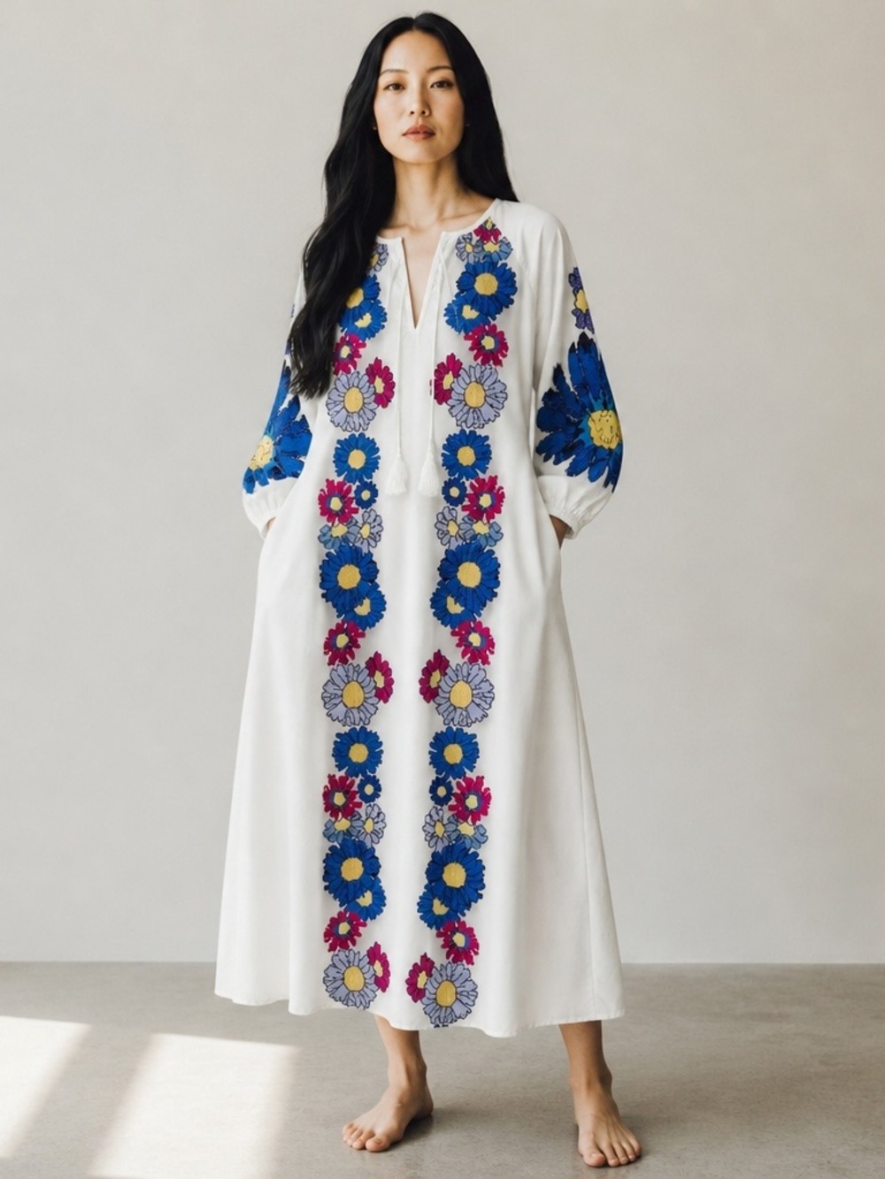 🔥FINAL SALE🔥 White Floral Embroidered Maxi Dress with Blue & Pink Accents
